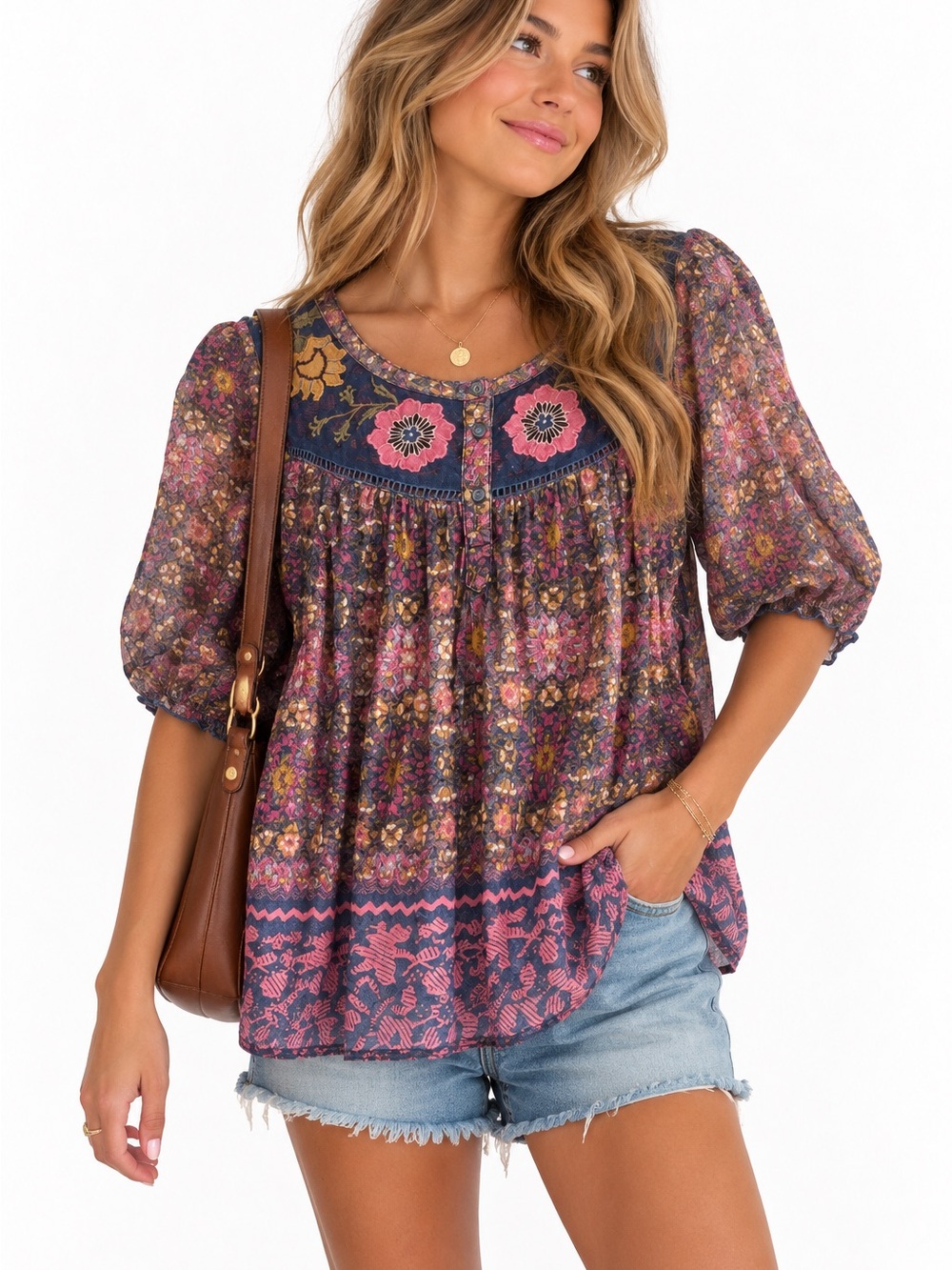 9-H15 STCL Anthropologie Embroidered Floral Boho Blouse Small
